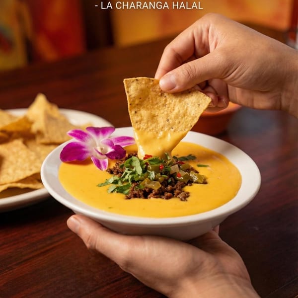 Hands dipping a tortilla chip into a bowl of queso with ground beef, peppers, and cilantro.