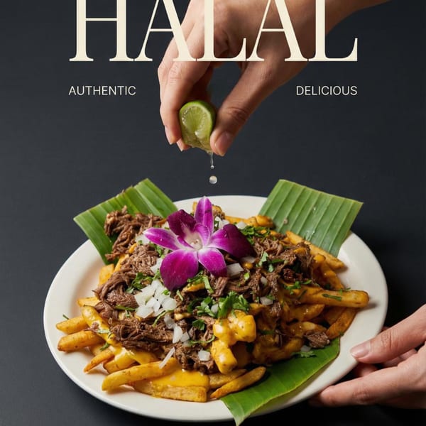 Hand squeezing lime over loaded fries with shredded meat, cheese, onions, cilantro, and an orchid.