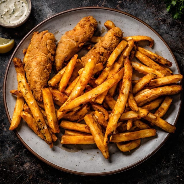 Kids chicken fingers with fries.