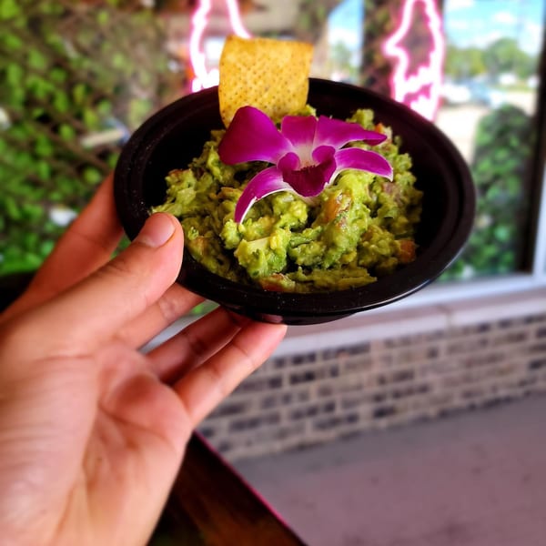 Hand holding a black bowl of guacamole with a tortilla chip and purple orchid garnish.